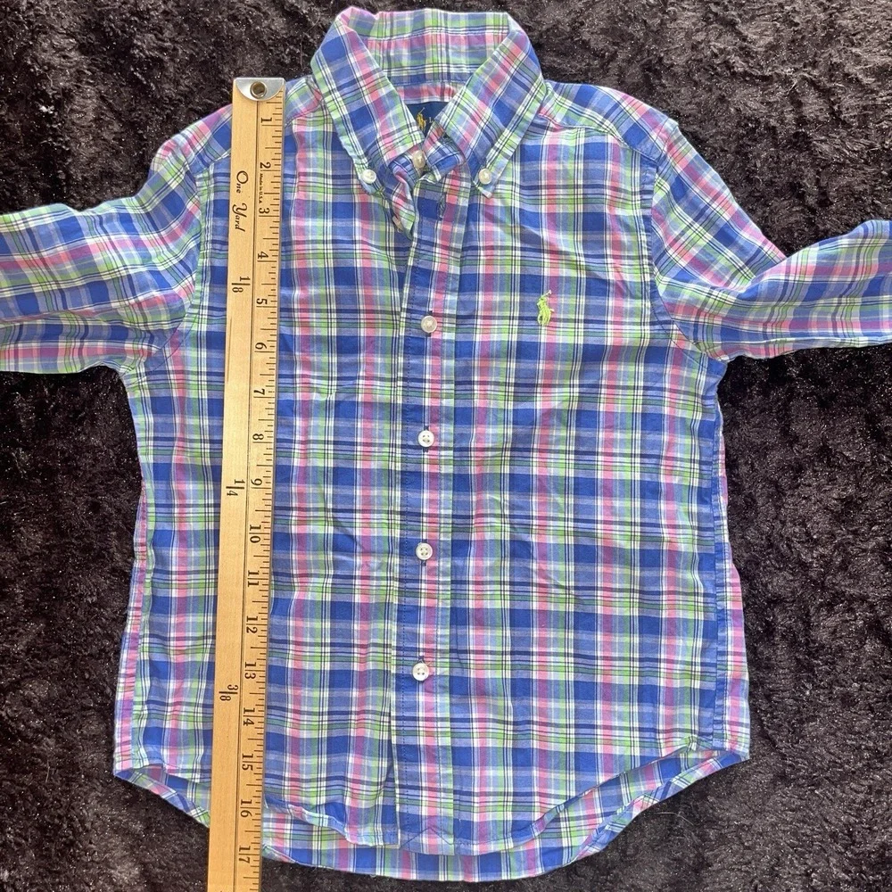 Boys Size 4 Button Down Shirt Ralph Lauren Blue Pink Green‎ Plaid Long Sleeve
